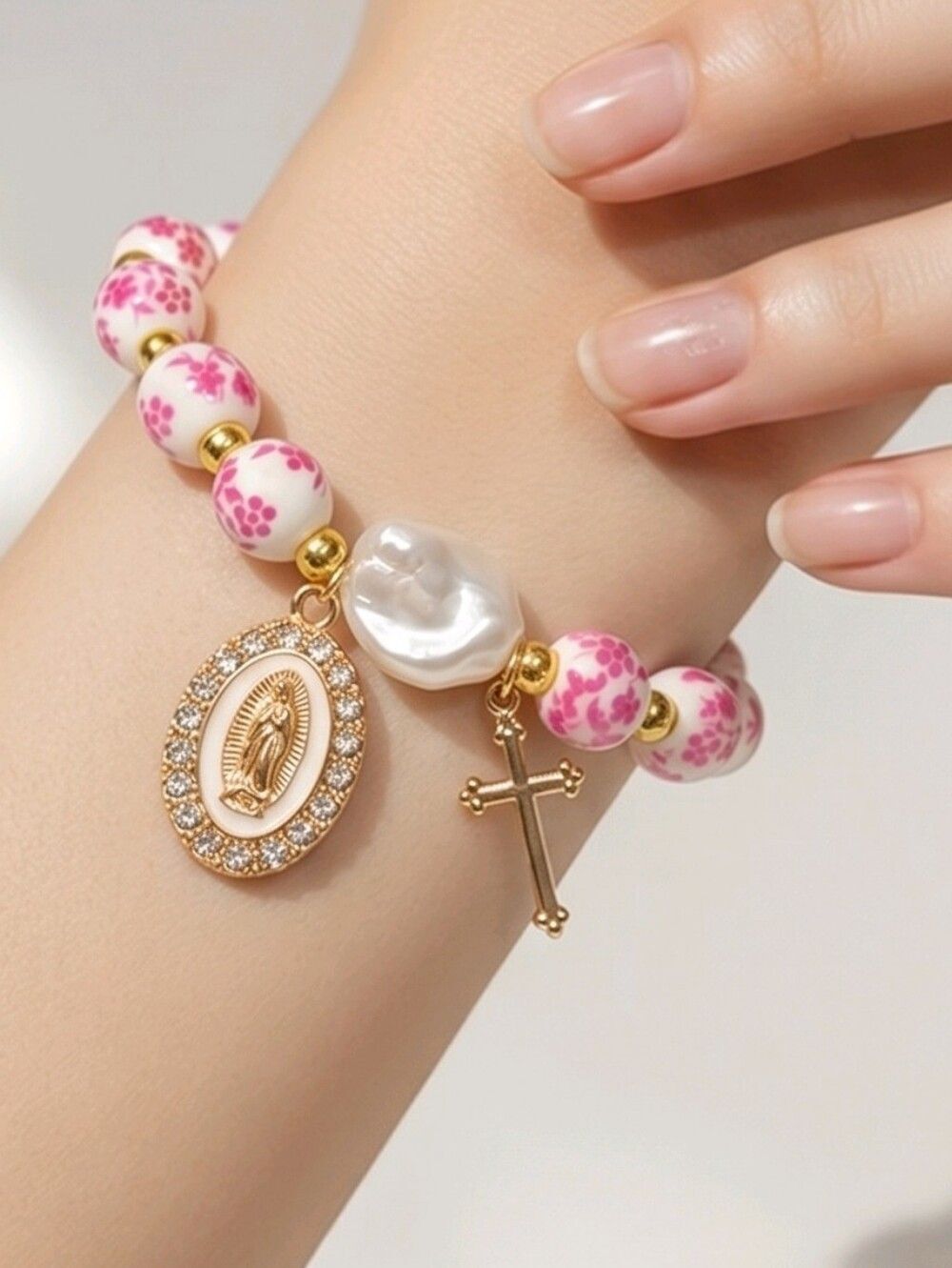 Pink Floral Miraculous Medal Bracelet Catholic Cross Pearl Faith Prayer Jewelry